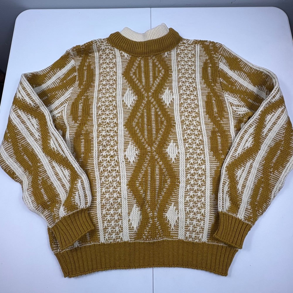 Vintage Virgin Wool Geometric Knit Sweater Grandpa Core Mustard Men's M